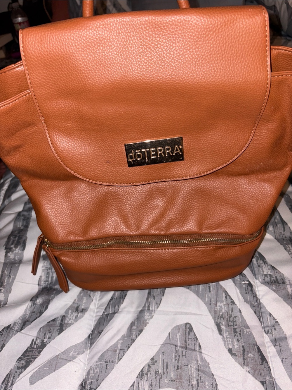 Doterra Burnt Orange Pebbled Leather Backpack Tote with Gold Plate